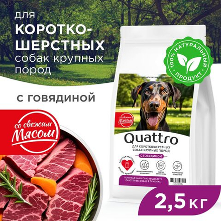 Корм сухой для взрослых собак крупных пород, премиум полнорационный комплекс, для короткошерстных собак, с говядиной, 2,5 кг, QUATTRO