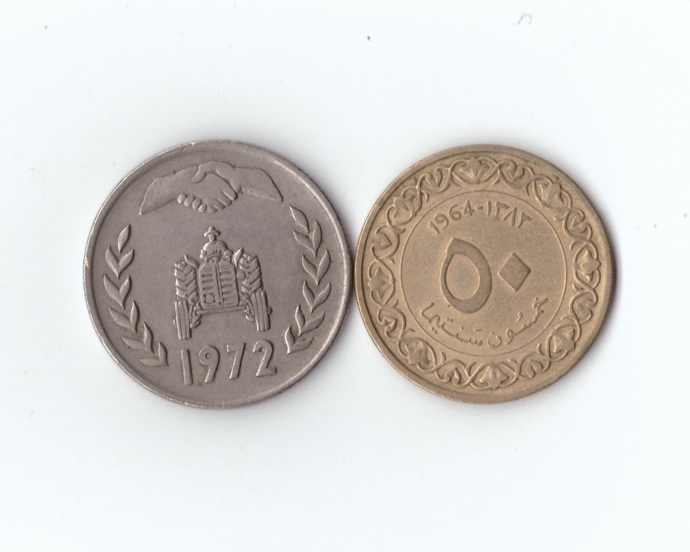 Алжир 2 шт. 50 сантимов 1964 г. 1 динар 1972 г. XF