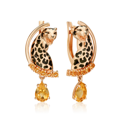 Серьги «Леопарды» с английским замком из красного золота с цитринами и эмалью