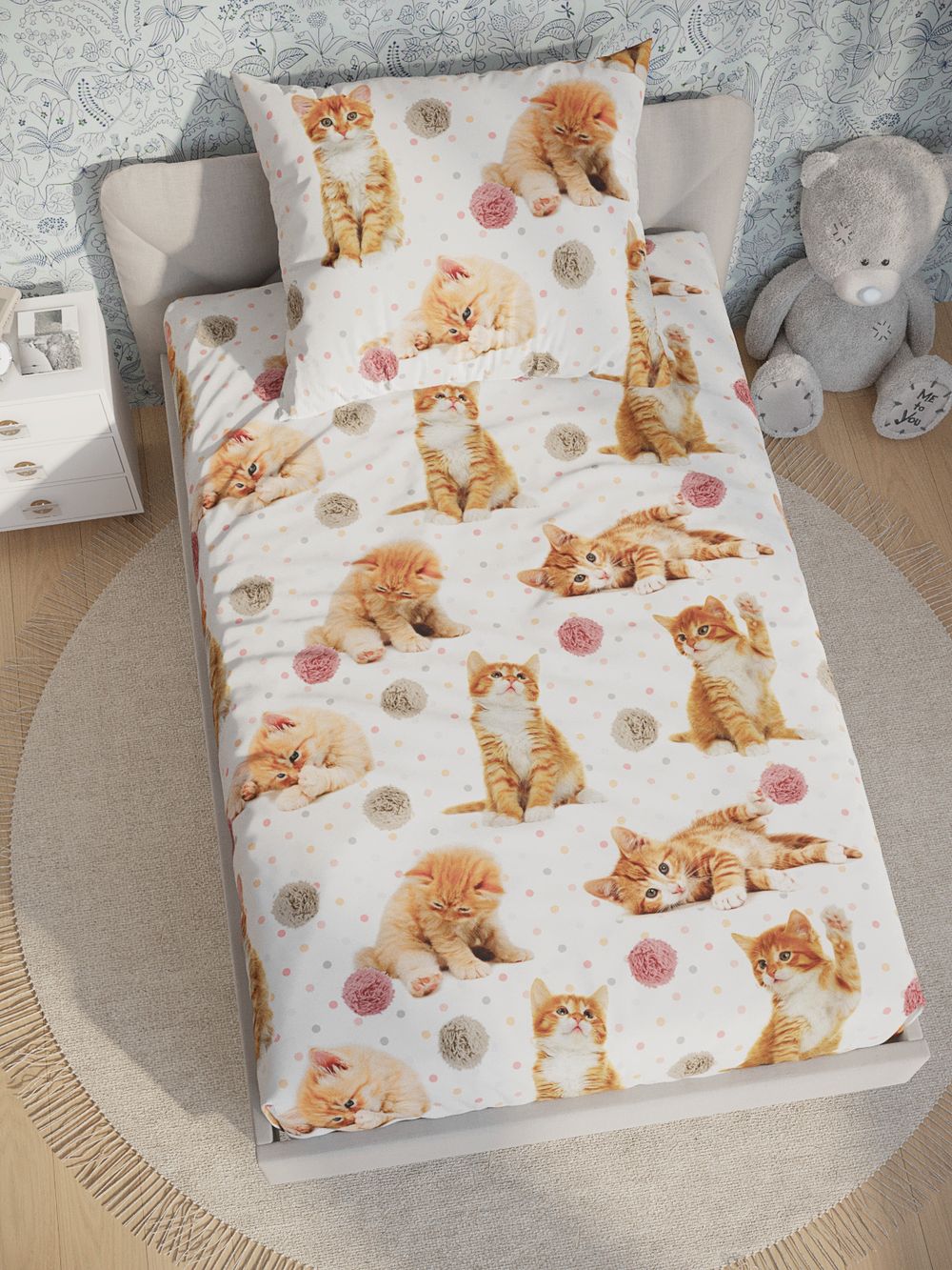 Постельное белье перкаль Сказка "Котята" 1,5-сп  Наволочка 50х70 см 1 шт Простынь на резинке 90x200 см Пододеяльник 145x205 см