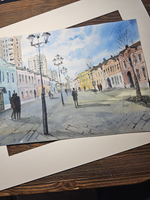 Картина авторская акварельная в паспарту 40х50 см на стену для интерьера "Школьная улица. Москва"