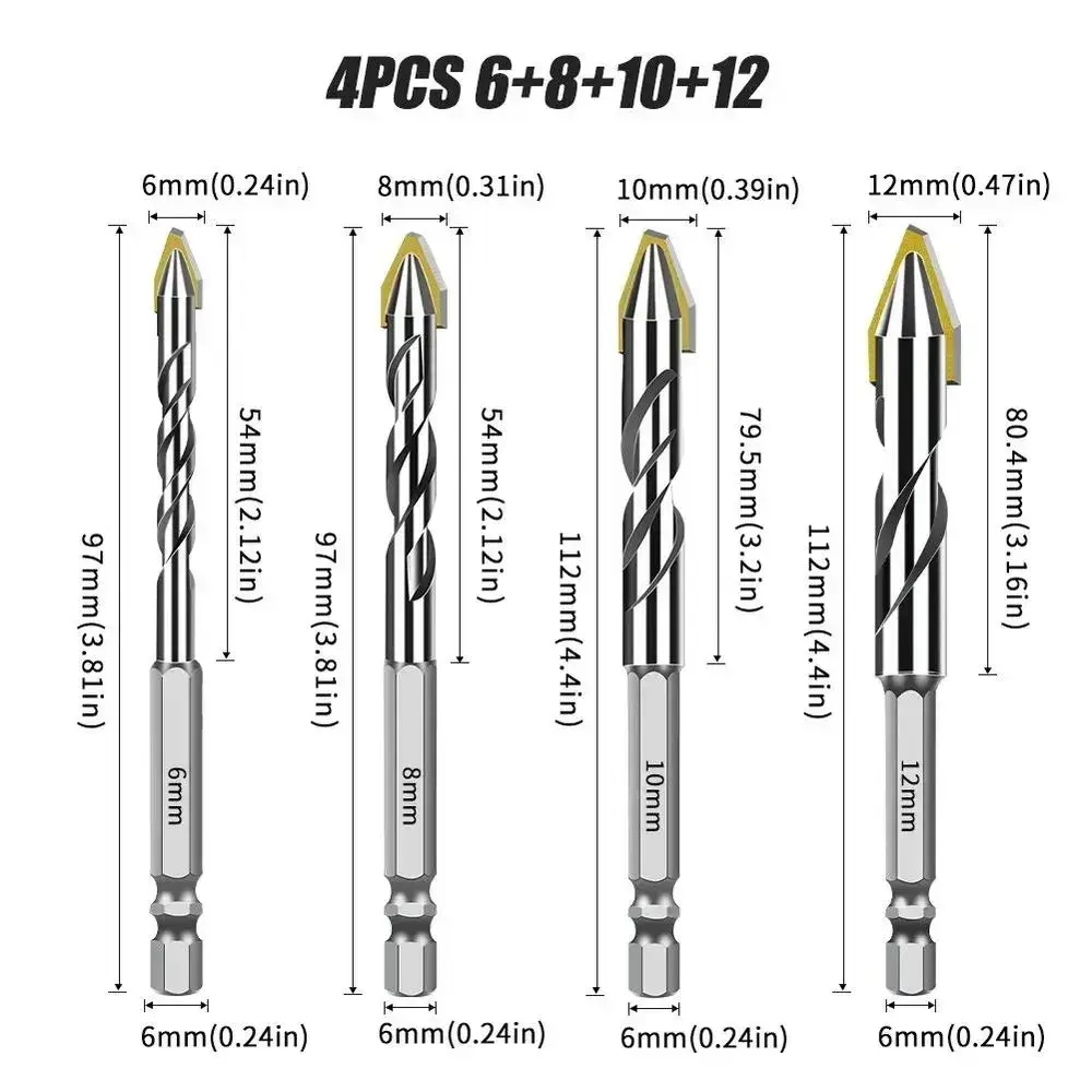 Сверло по металлу, керамике, бетона и стекла 4 шт (6/8/10/12 мм)