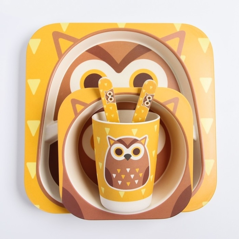 4611373 Набор детской бамбуковой посуды «Совушка», тарелка, миска, стакан, приборы, 5 предметов