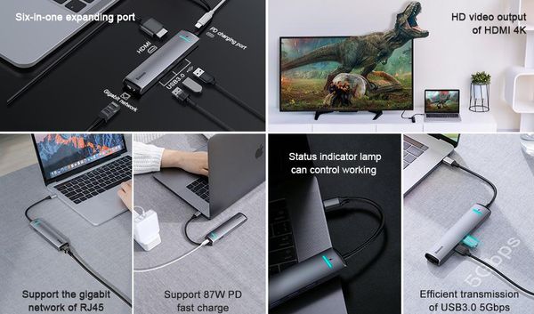 Переходник Baseus Mechanical eye Six-in-one HUB 6в1 (CAHUB-J0G) Type-C to USB3.0x3/ HDMI/ Lan/ Type-C PD для MacBook Графитовый