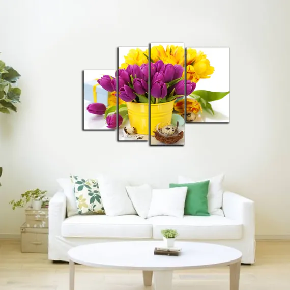 Модульная картина "Желтые и фиолетовые тюльпаны"