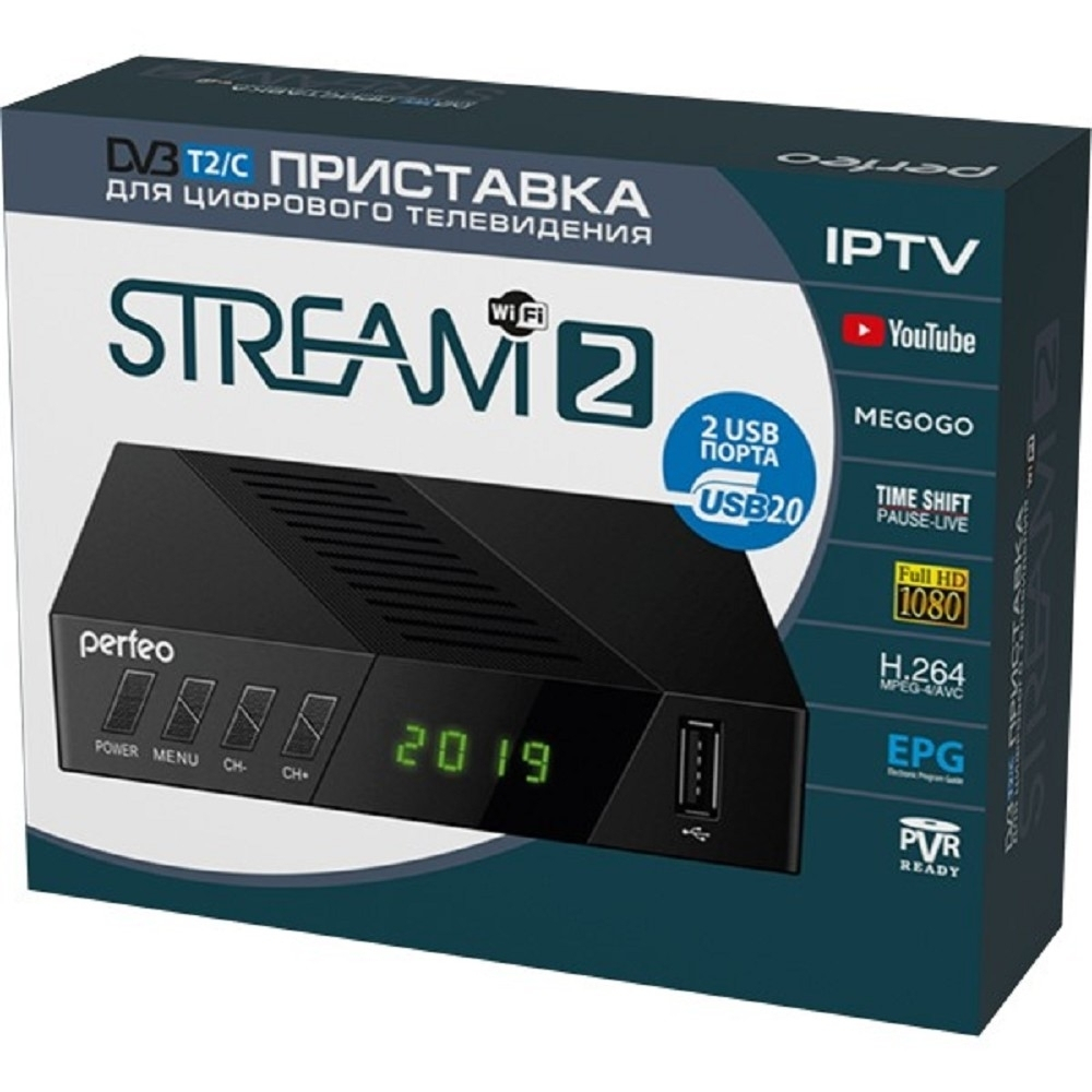 Приставка для цифрового ТВ Perfeo DVB-T2 / C приставка "STREAM-2" для цифр.TV, Wi-Fi, IPTV, HDMI, 2 USB, DolbyDigital, пульт ДУ [PF_A4488 ]