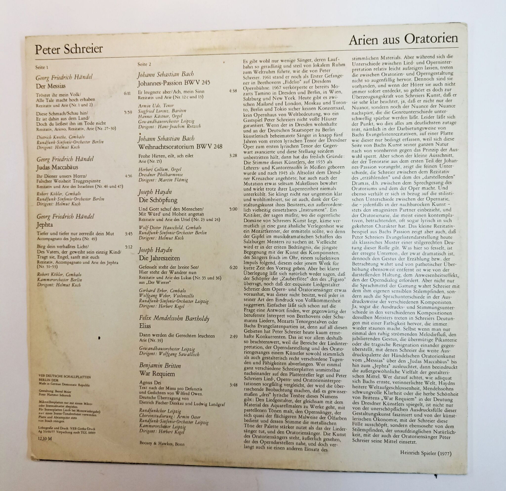 Винтажная виниловая пластинка LP Peter Schreier Arien Aus Oratorien (GDR 1980)