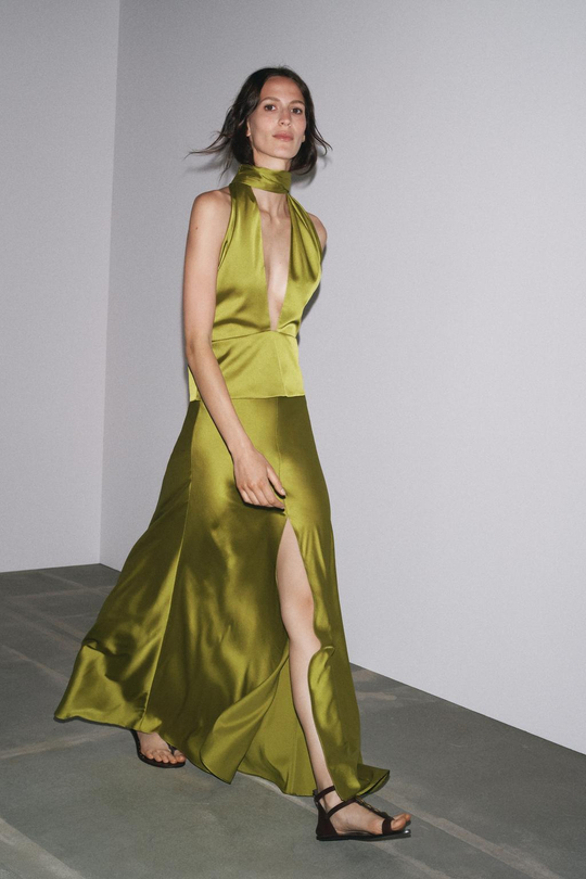 ZARA АТЛАСНАЯ ЮБКА МИДИ, ОЛИВКОВЫЙ