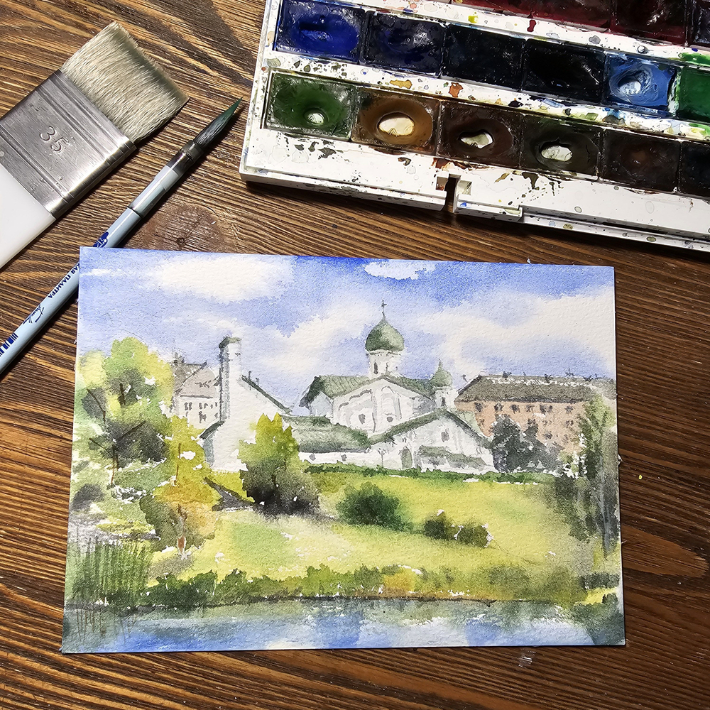 Картина авторская акварельная в паспарту 21х30 см на стену для интерьера "Богоявленская церковь Пскова"