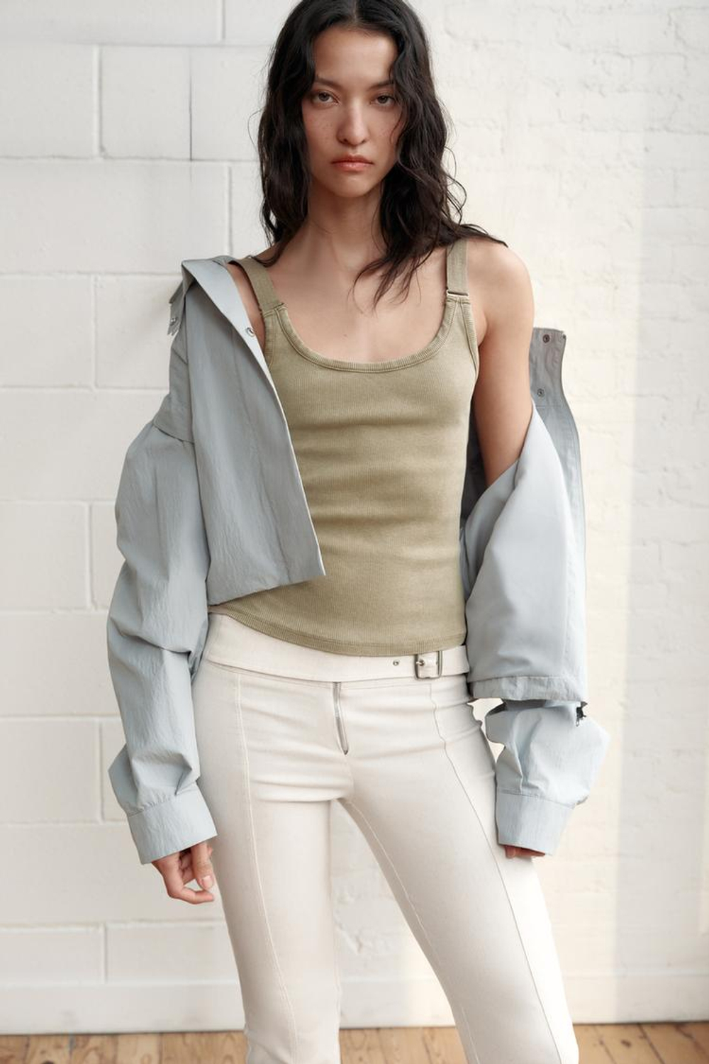 ZARA ТОП В РУБЧИК С ЭФФЕКТОМ ПОТЕРТОСТИ, ЗЕЛЕНОВАТЫЙ