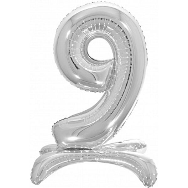 Фольгированная цифра 9, Серебряная на подставке, 81 см