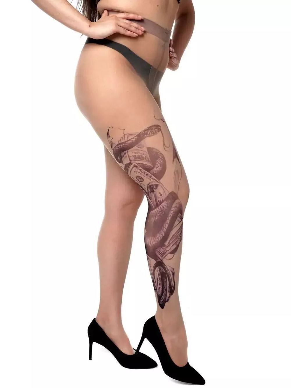 Колготки +size с имитацией тату в виде змеи (Размер: XL-XXL-XXXL) (Цвет: бежевый)