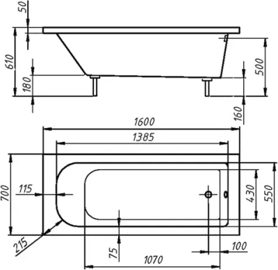 Ванна из искусственного камня 160x70 см, пристенная