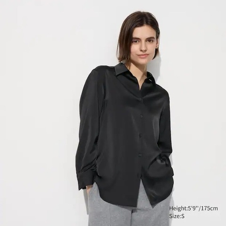 UNIQLO АТЛАСНАЯ БЛУЗКА С ДЛИННЫМИ РУКАВАМИ, ЧЕРНЫЙ