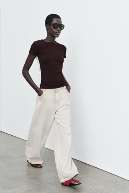 ZARA КОМБИНИРОВАННАЯ ФУТБОЛКА С КОРОТКИМИ РУКАВАМИ, БЕЖЕВО-КОРИЧНЕВЫЙ