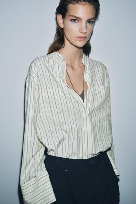 ZARA РУБАШКА В ПОЛОСКУ С ВОРОТНИКОМ-СТОЙКОЙ — ZW COLLECTION, СИНИЙ/БЕЛЫЙ