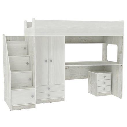 Кровать-чердак КарИВи Л-A606.3 с тумбой 80х190 Винтерберг Белое Дерево