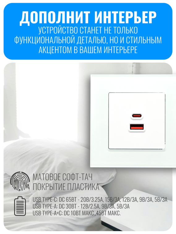 Розетка USB Type-A+C 65Вт Smart Aura серия Fusion без рамки