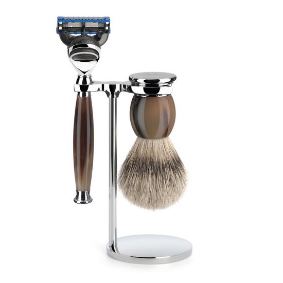 Бритвенный набор MUEHLE SOPHIST, натуральный рог, барсучий ворс высшей категории Silvertip, бритва Fusion