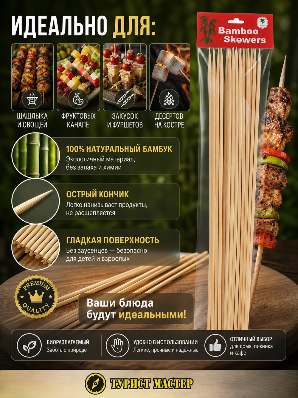 Шампуры бамбуковые,квадратные 4*400 мм, 25 шт