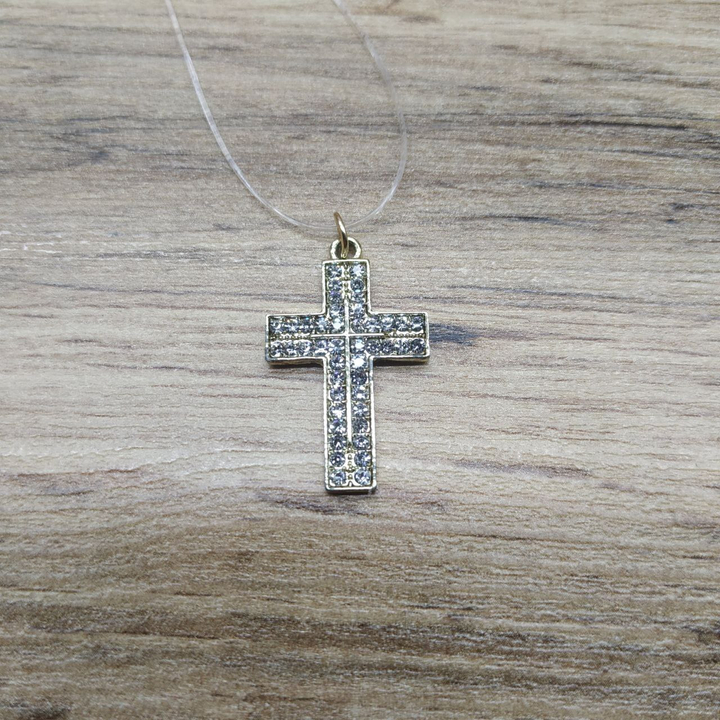 Кулон на леске Крест 2 ряда страз цвет золотистый 27 х 17 мм