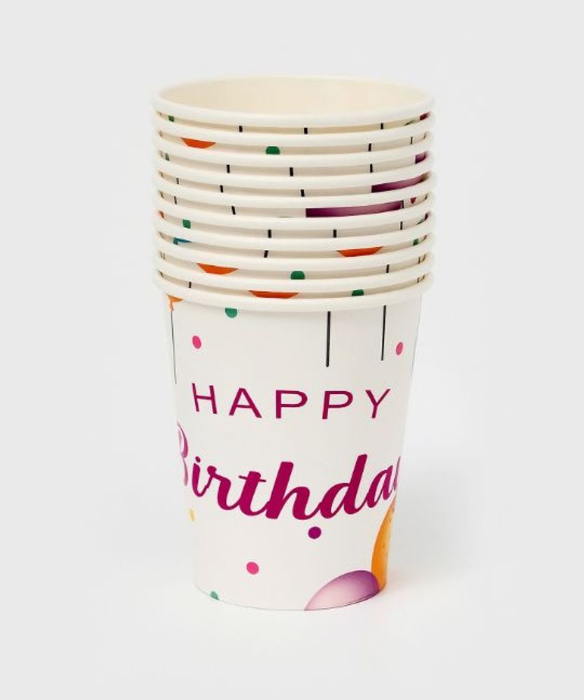 Стаканы бумажные "Happy birthday", принт шары, 10 шт.