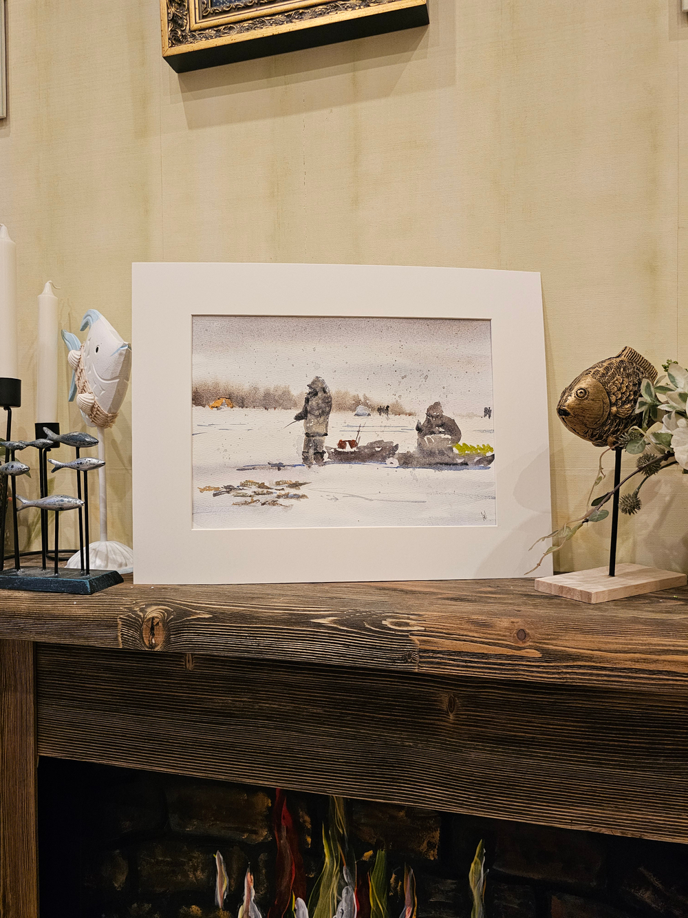 Картина авторская акварельная в паспарту 30х40 см на стену для интерьера "Зимняя рыбалка"