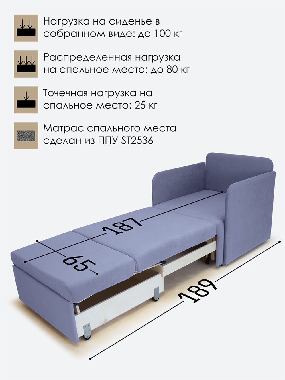 Кресло-кровать "Миник" с подлокотниками Candy Violet