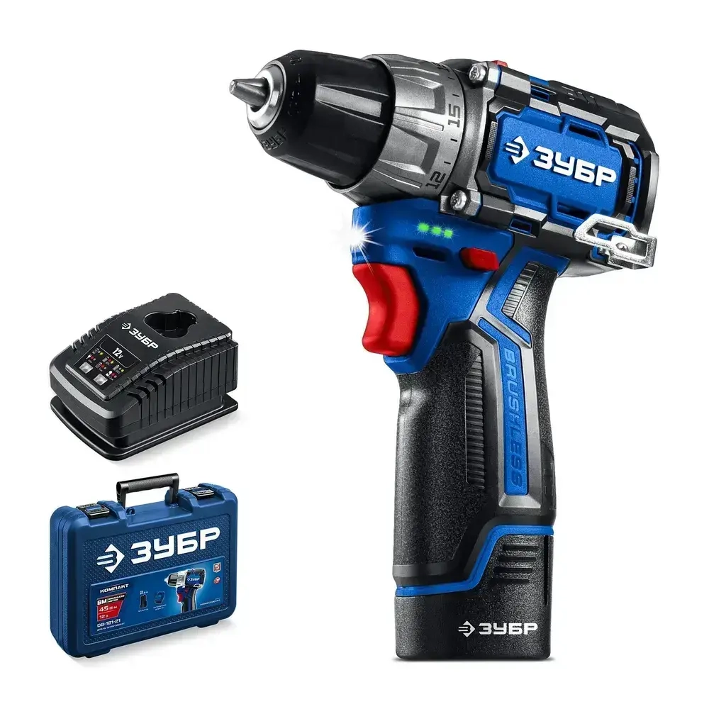 Дрель шуруповерт аккумуляторная КОМПАКТ #2, 12 В, 45 Н м, 1 АКБ тип Т7, BRUSHLESS, кейс, ЗУБР Профессионал