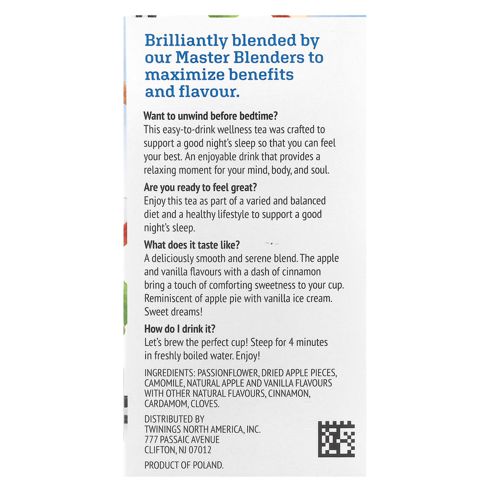 Twinings, Успокаивающий травяной чай, страстоцвет и ромашка, пряное яблоко и ваниль, без кофеина, 18 пакетиков по 0,95 унц. (27 г)