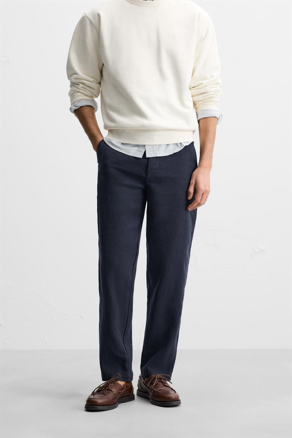 ZARA БРЮКИ RELAXED FIT ИЗ ХЛОПКА И ЛЬНА, МОРСКОЙ СИНИЙ