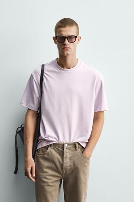 ZARA ФУТБОЛКА RELAXED FIT INTERLOCK, РОЗОВЫЙ/ЛИЛОВЫЙ