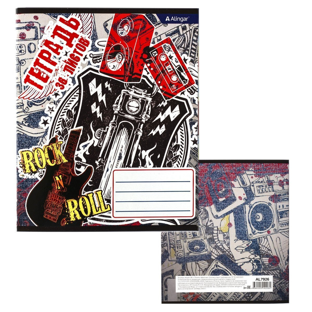 Тетрадь 36л., А5, клетка, Alingar "Гранж", скрепка, блок офсет, мелованный картон (эконом), 4 дизайна в пленке т/у
