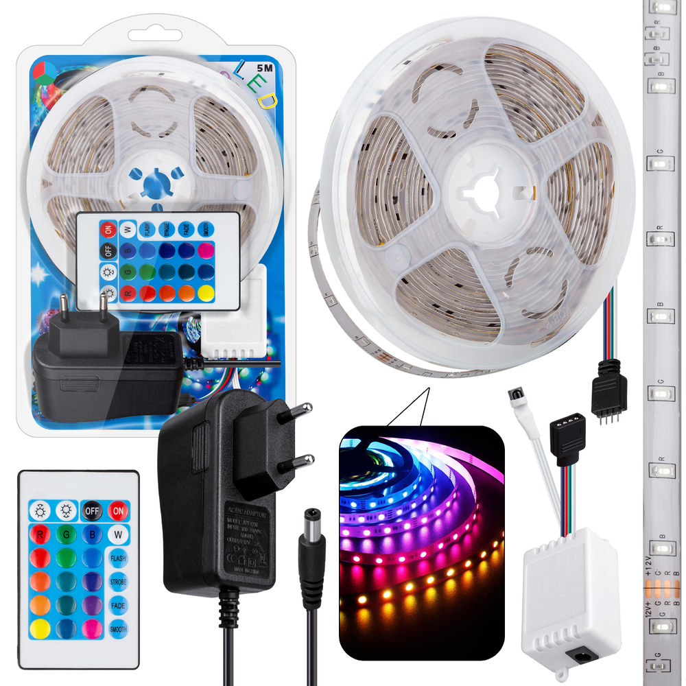 Светодиодная лента RGB 5м, пульт, блок питания
