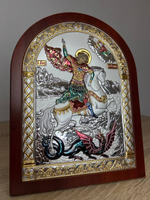 Георгий Победоносец, икона арочная, красное дерево, эмаль 206х275