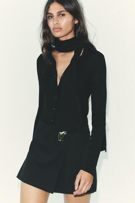 ZARA ЮБКА-БРЮКИ С АСИММЕТРИЧНОЙ ОТДЕЛКОЙ, ЧЕРНЫЙ