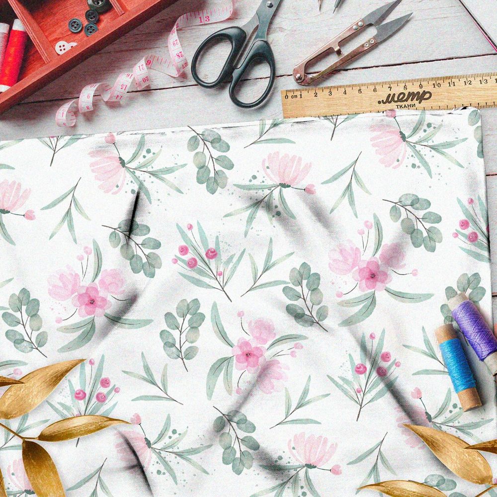 Ткань штапель акварельные бледные цветы и листья