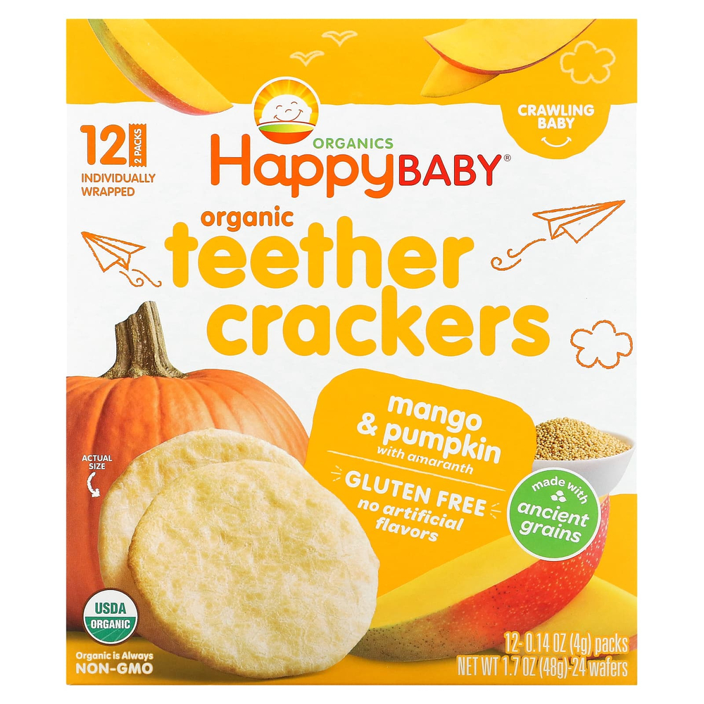 Happy Family Organics, Happy Baby, органические крекеры для зубов, манго и тыква с амарантом, 12 пакетиков по 4 г (0,14 унции)