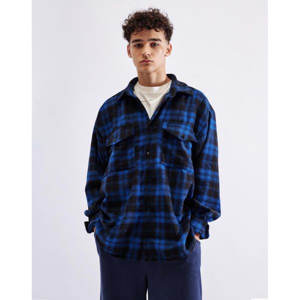 Рубашка с шерстью клетка синяя - фото 2