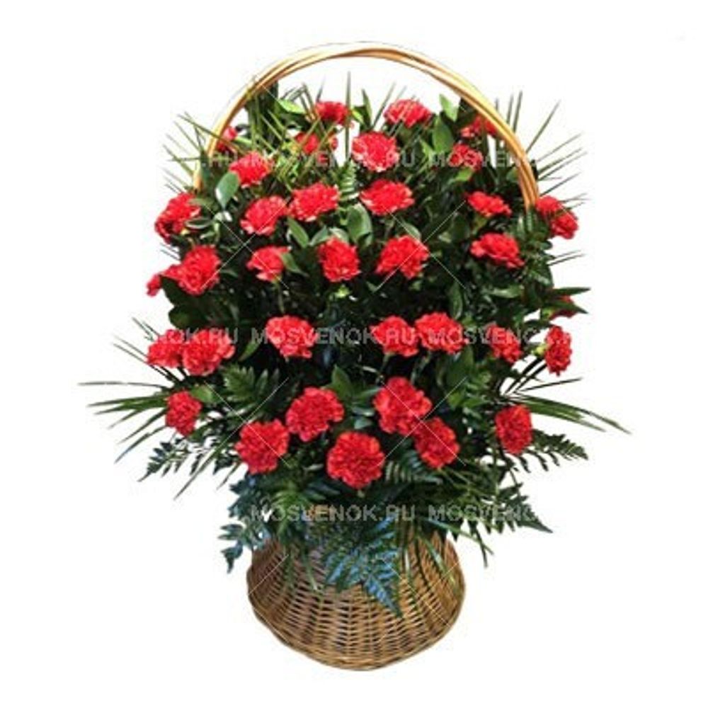 Ритуальная корзина из живых цветов 40 красных гвоздик и зелени