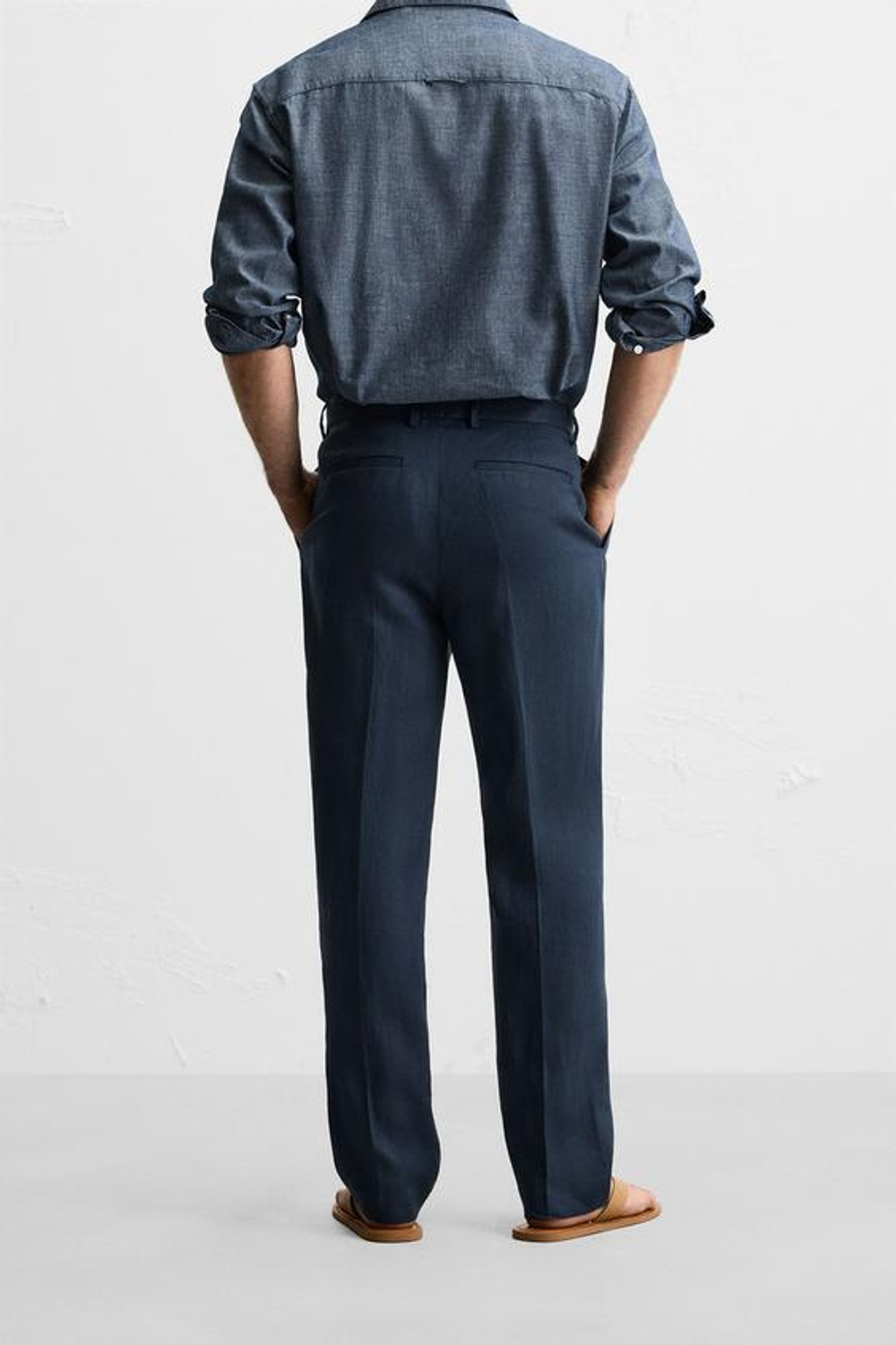 ZARA БРЮКИ ИЗ 100% ЛЬНА С ЗАЩИПАМИ, МОРСКОЙ ТЕМНО-СИНИЙ