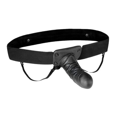 Чёрный полый страпон с вибрацией Unisex Vibrating Hollow Strap-On - 14 см. (Цвет: черный)