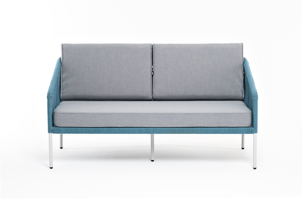 "Канны" диван 2-местный плетеный из роупа, каркас алюминий светло-серый (RAL7035) муар, роуп бирюзовый круглый, ткань светло-серая