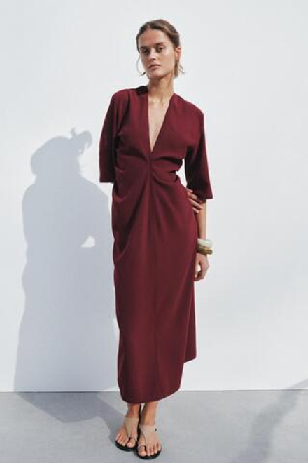 ZARA ПЛАТЬЕ МИДИ СО СБОРКАМИ — ZW COLLECTION, ГРАНАТОВЫЙ