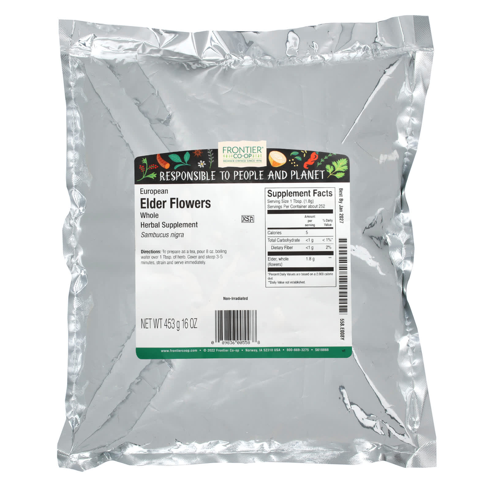 Frontier Co-op, Цельные цветки европейской бузины, 453 г (16 унций)