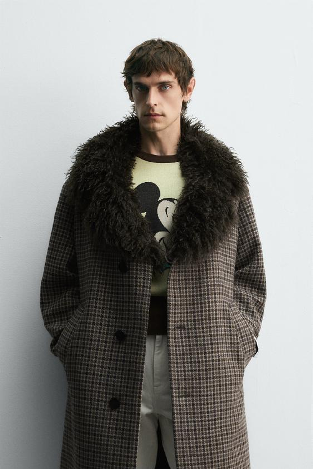 ZARA HARRY LAMBERT X DISNEY ПАЛЬТО В КЛЕТКУ, КОРИЧНЕВЫЙ