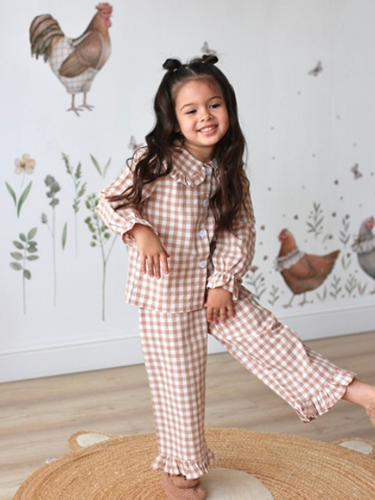 Пижама из вареного хлопка в клетку виши, цвет бежевый