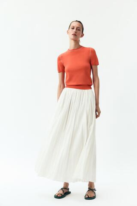 ZARA ТРИКОТАЖНЫЙ ТОП С КОРОТКИМИ РУКАВАМИ И ОКАНТОВКОЙ, ОРАНЖЕВЫЙ