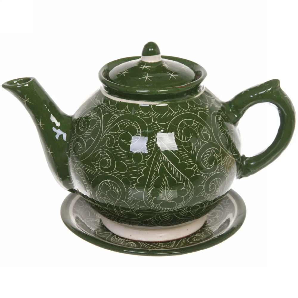 Чайный набор 9 предметов Зеленый (блюдо, чайник, пиала 6шт) Риштанская керамика