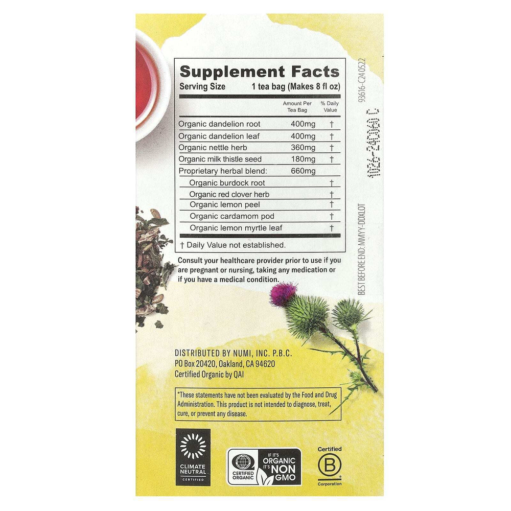 Numi Tea, органический, одуванчик, для детоксикации, без кофеина, 16 чайных пакетиков без ГМО, 32 г (1,13 унции)